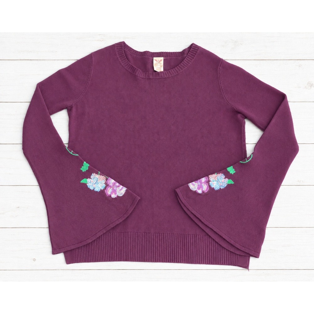 Faded Glory Purple Bell Sleeve Sweater Floral Embroidered Boho Top Large 12-14
